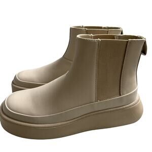 Zara Faux Leather Ankle Platform Beige Cream Combat Chunky Boots Cream 8